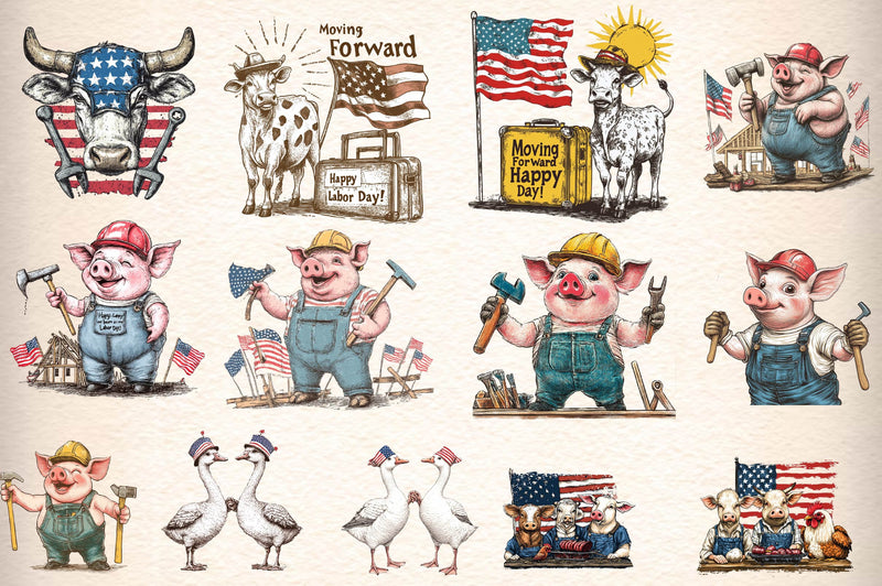Vintage Labor Day Farm Animals Clipart Bundle - CraftNest - Digital Crafting and Art
