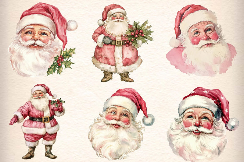 Vintage Pink Christmas Santa Clipart Bundle - CraftNest - Digital Crafting and Art