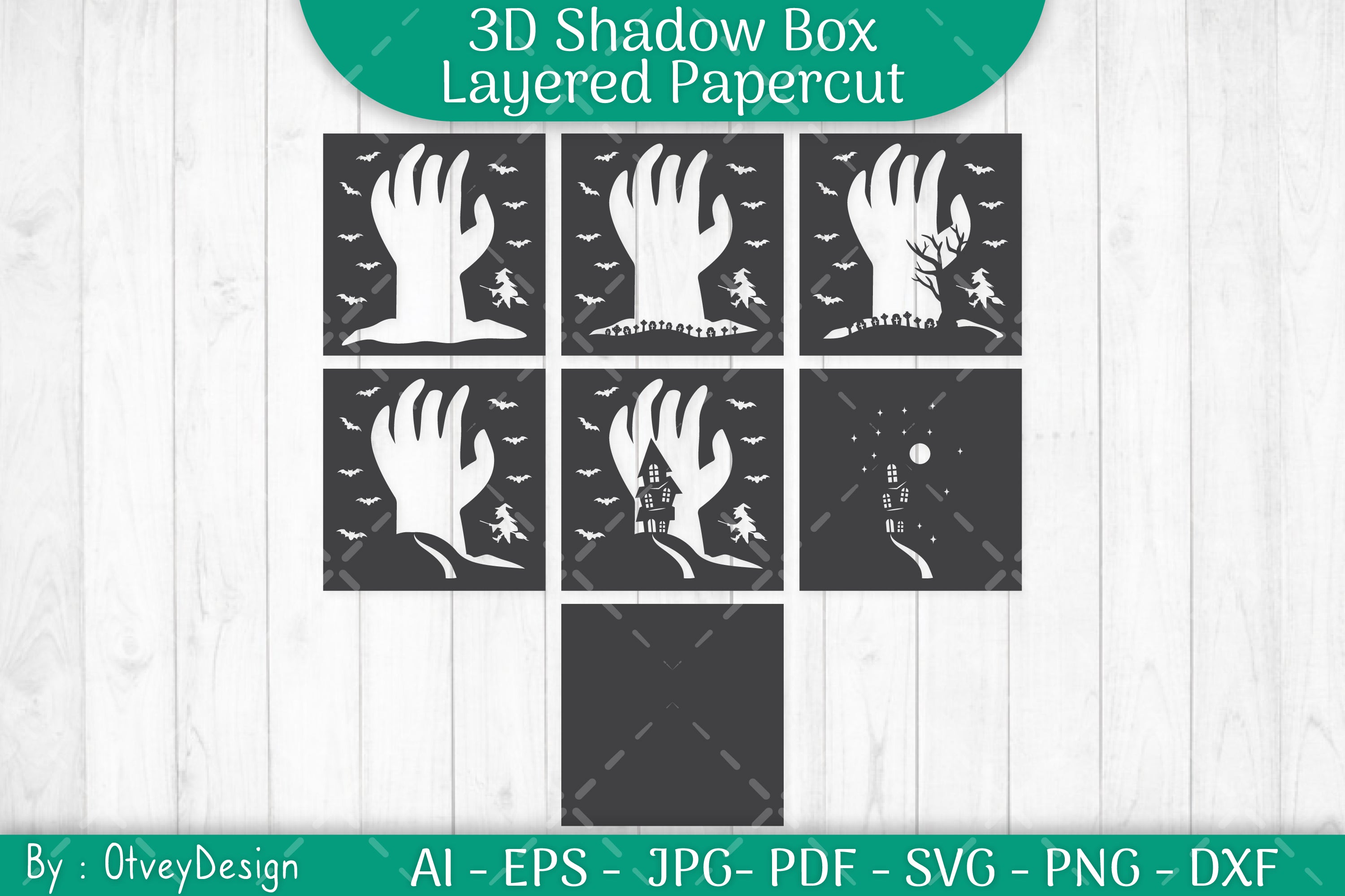 3D Halloween Scene Hand Shadow Box SVG Bundle