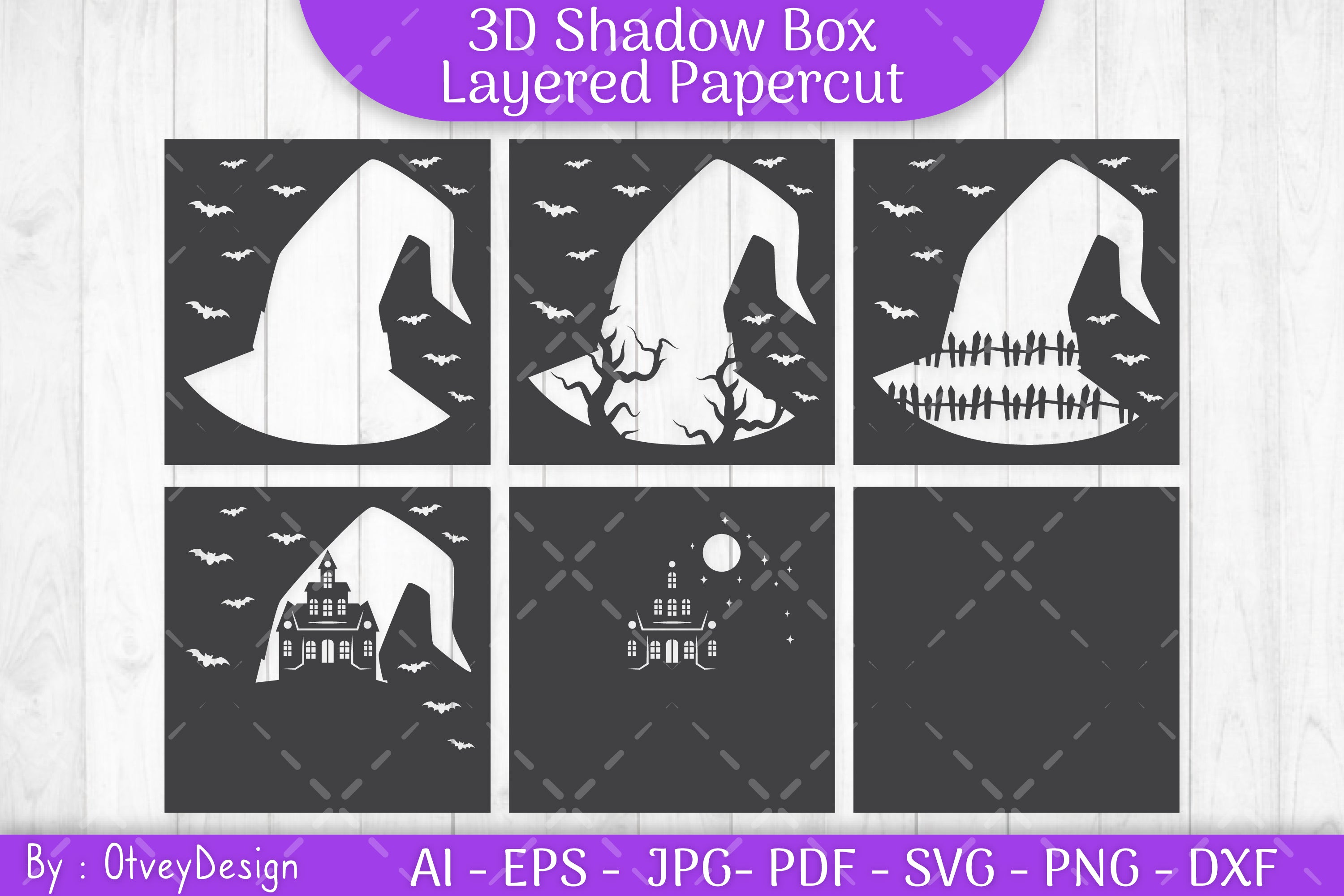 3D Halloween Scene Inside Hat Shadow Box SVG Bundle