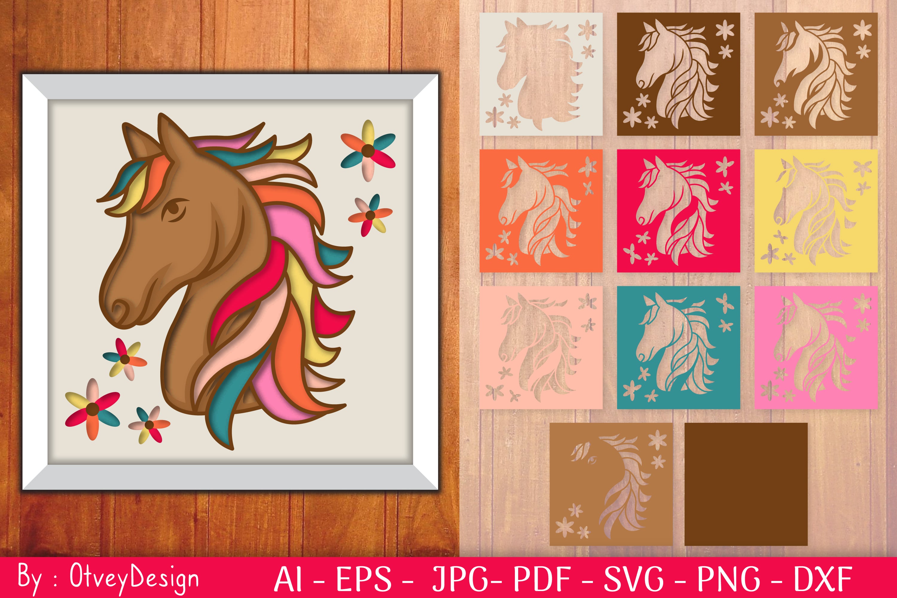 3D Colorful Horse Design Shadow Box SVG Bundle