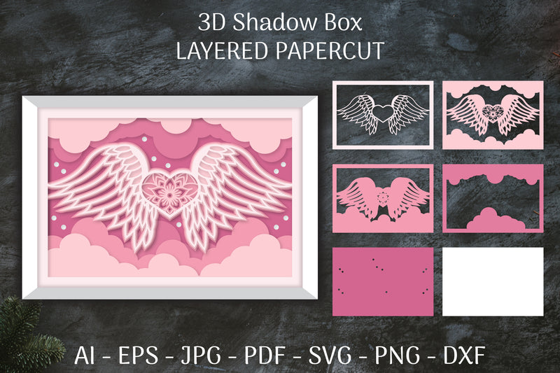 3D Shadow Box Love Angel Wings Layered Papercut SVG Bundle 2 - CraftNest - Digital Crafting and Art