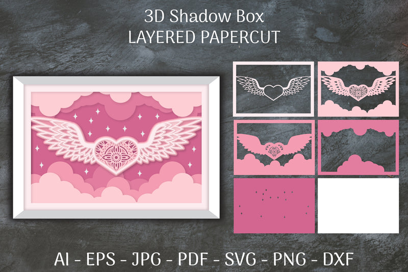 3D Shadow Box Love Angel Wings Layered Papercut SVG Bundle - CraftNest - Digital Crafting and Art
