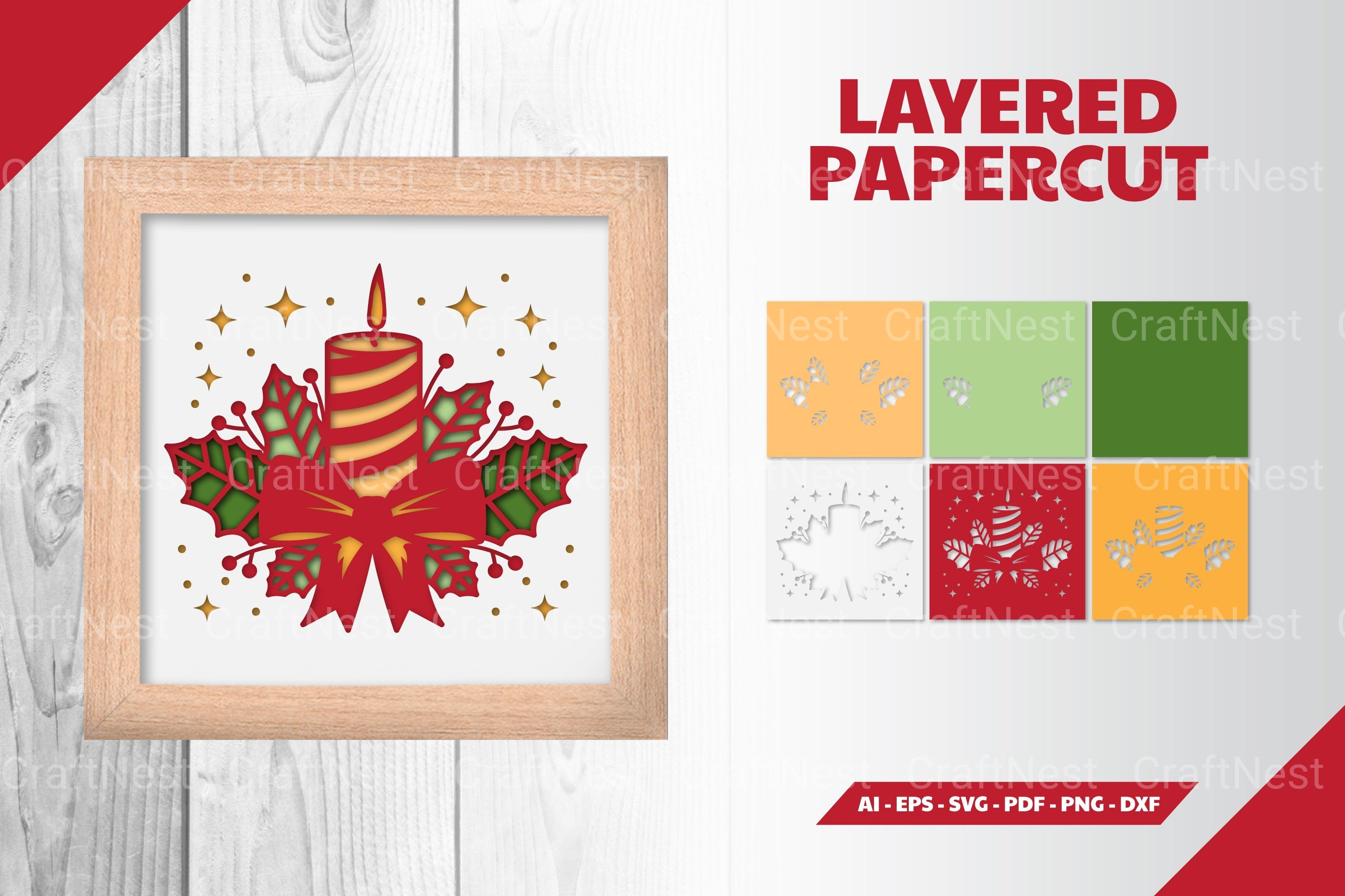 3D Christmas Candle Layered Papercut Clipart Bundle