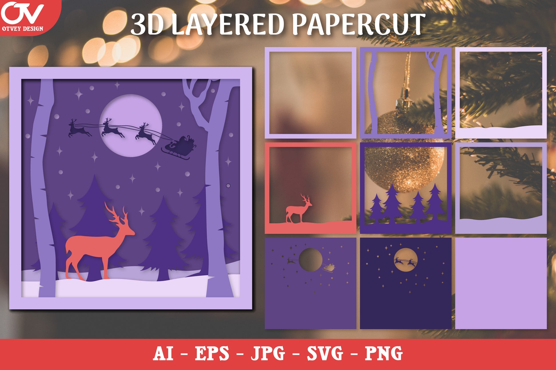 3D Christmas Deer with Santa Sleigh Layered Papercut SVG Bundle 1 - CraftNest - Digital Crafting and Art