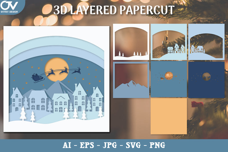 3D Christmas Deer & Santa Sleigh Layered Papercut SVG Bundle - CraftNest - Digital Crafting and Art