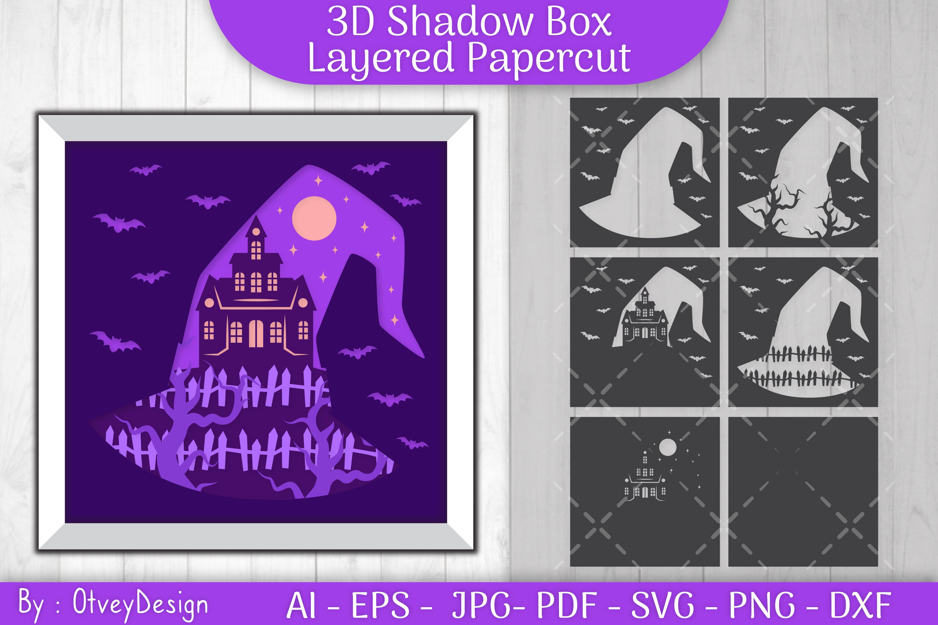 3D Halloween Scene Inside Hat Shadow Box SVG Bundle