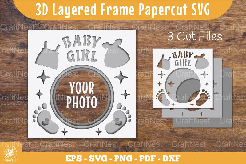 3D Layered Baby Girl Papercut Frame Clipart Bundle - CraftNest - Digital Crafting and Art