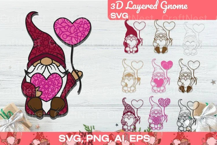 3D Layered Pink Gnome Valentine SVG Bundle - CraftNest - Digital Crafting and Art