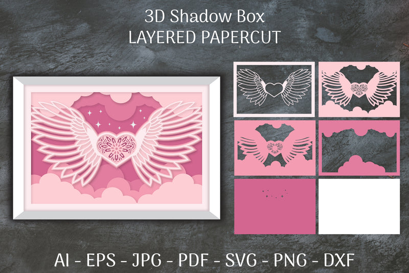 3D Shadow Box Love Angel Wings Layered Papercut SVG Bundle 24 - CraftNest - Digital Crafting and Art