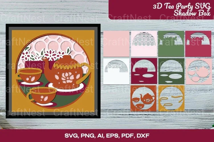 3D Tea Party Shadow Box SVG Bundle - CraftNest - Digital Crafting and Art
