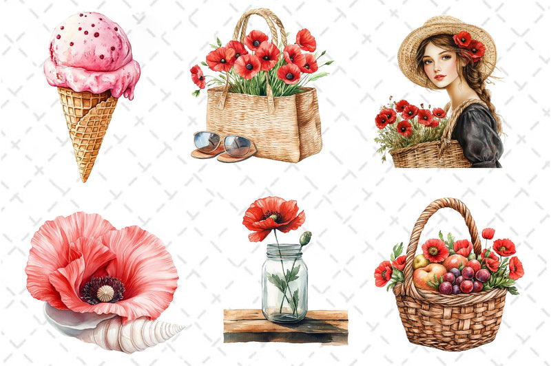 Summer With Poppy Flowers Clipart Bundle - CraftNest - Digital Crafting and Art