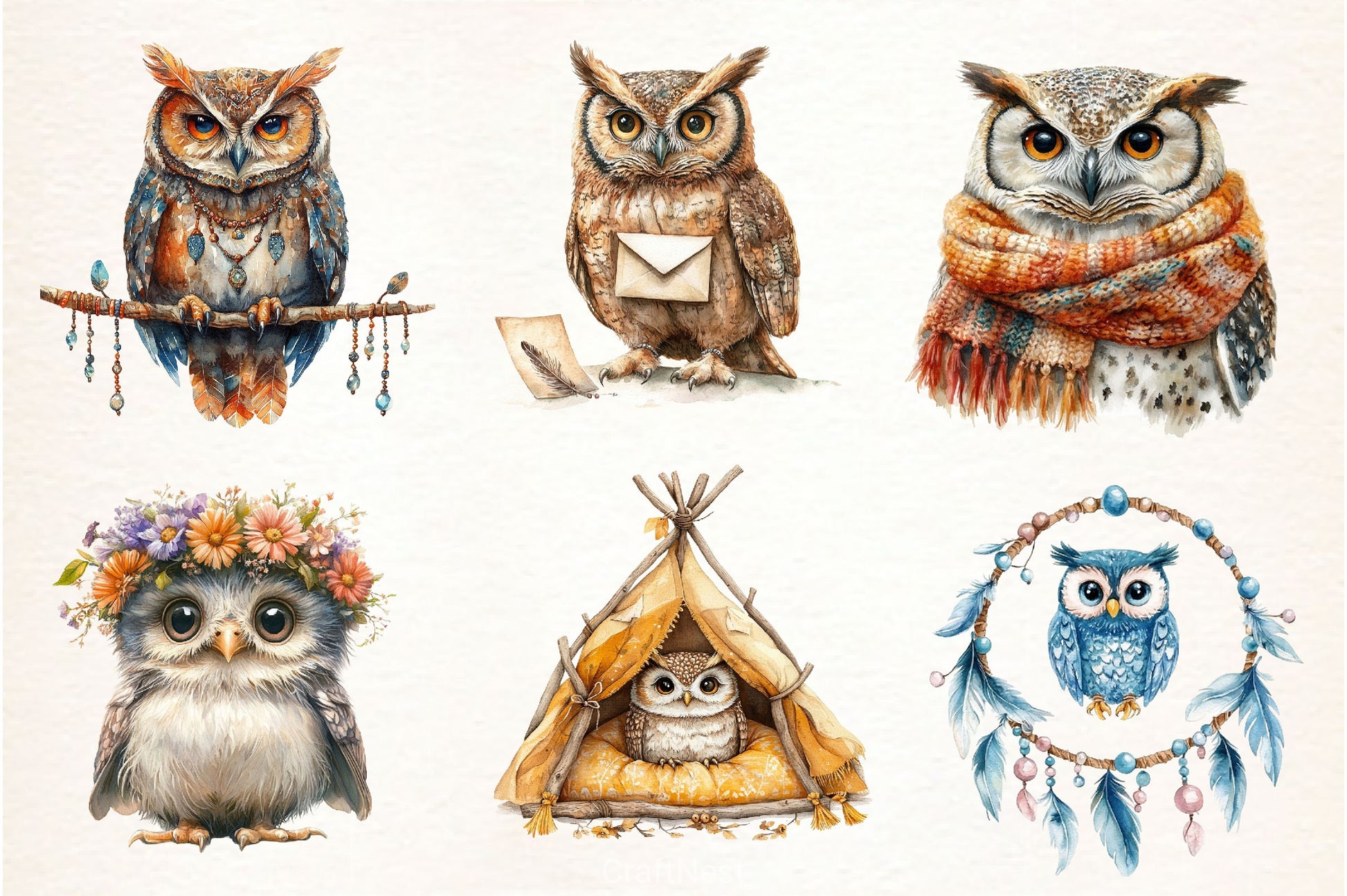 Boho Owl Clipart Bundle - CraftNest - Digital Crafting and Art