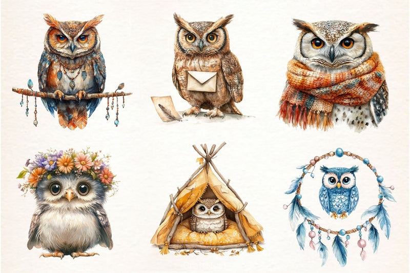 Boho Owl Clipart Bundle - CraftNest - Digital Crafting and Art