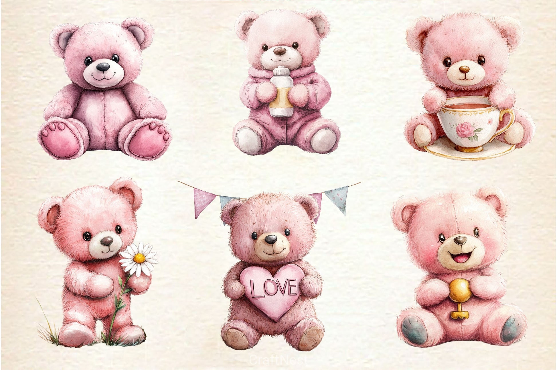 Pink Cute Blush Teddy Bear Clipart Bundle 3 - CraftNest - Digital Crafting and Art
