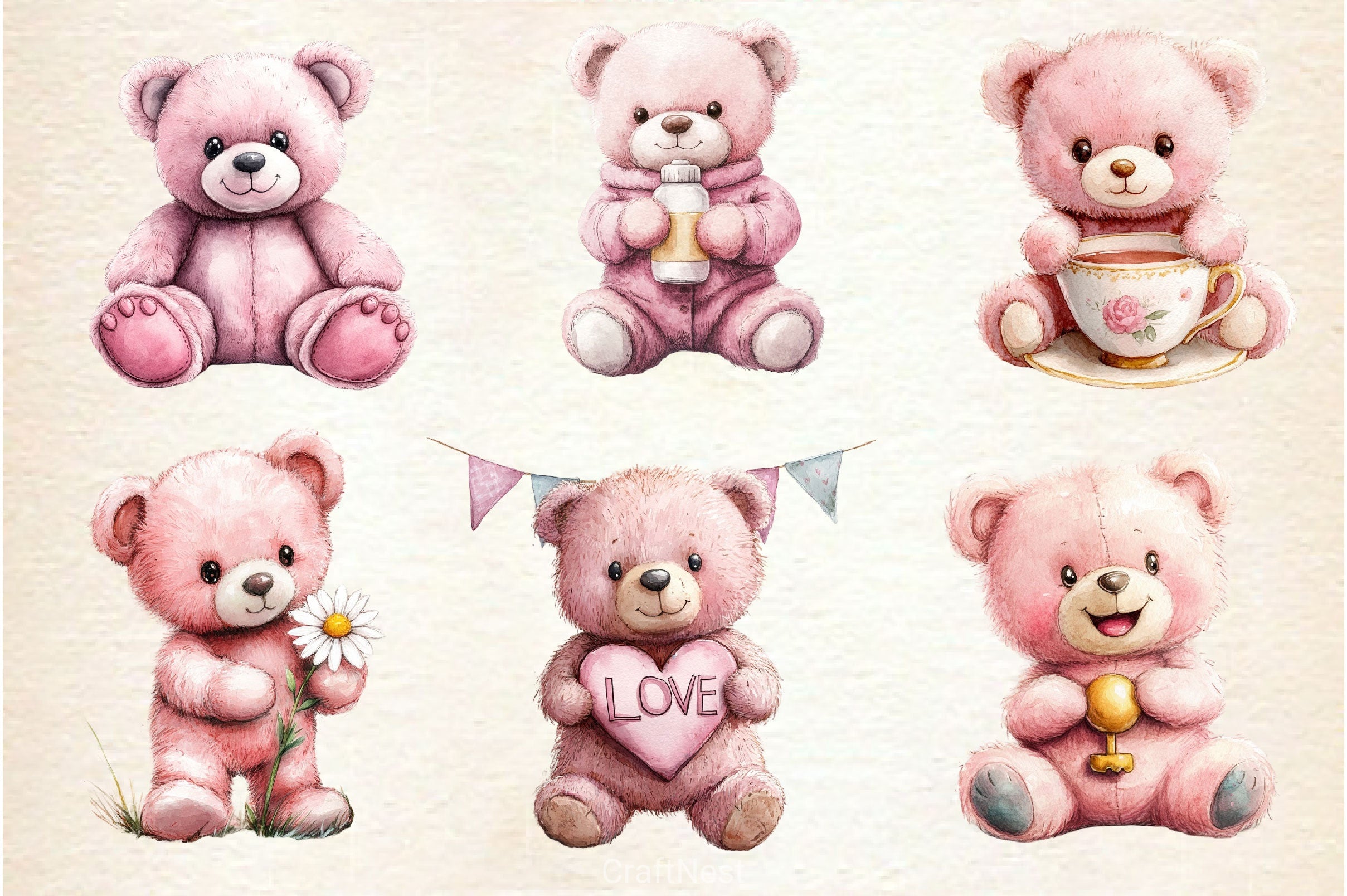 Pink Cute Blush Teddy Bear Clipart Bundle 3 - CraftNest - Digital Crafting and Art