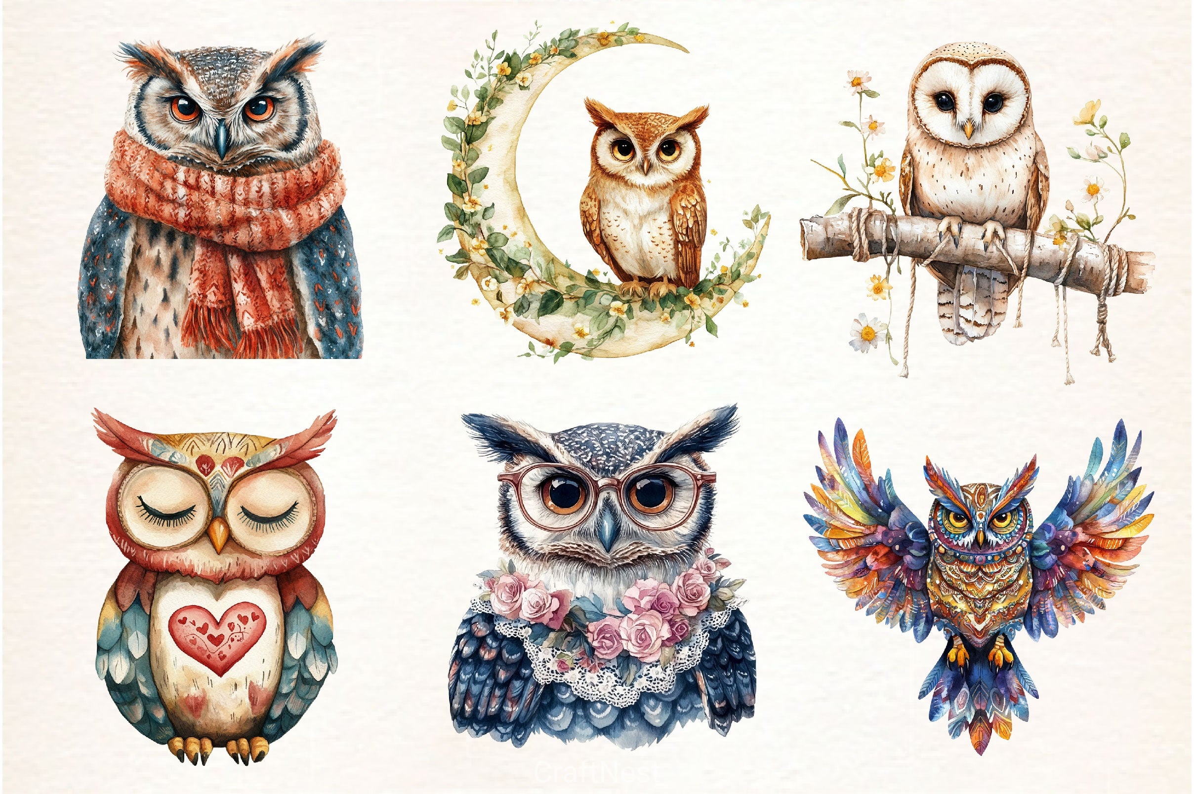 Boho Owl Clipart Bundle - CraftNest - Digital Crafting and Art