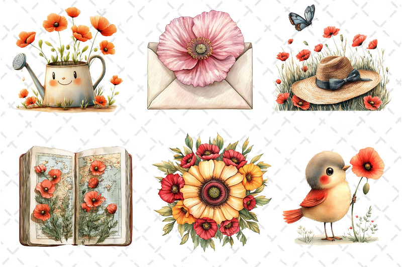 Summer With Poppy Flowers Clipart Bundle - CraftNest - Digital Crafting and Art