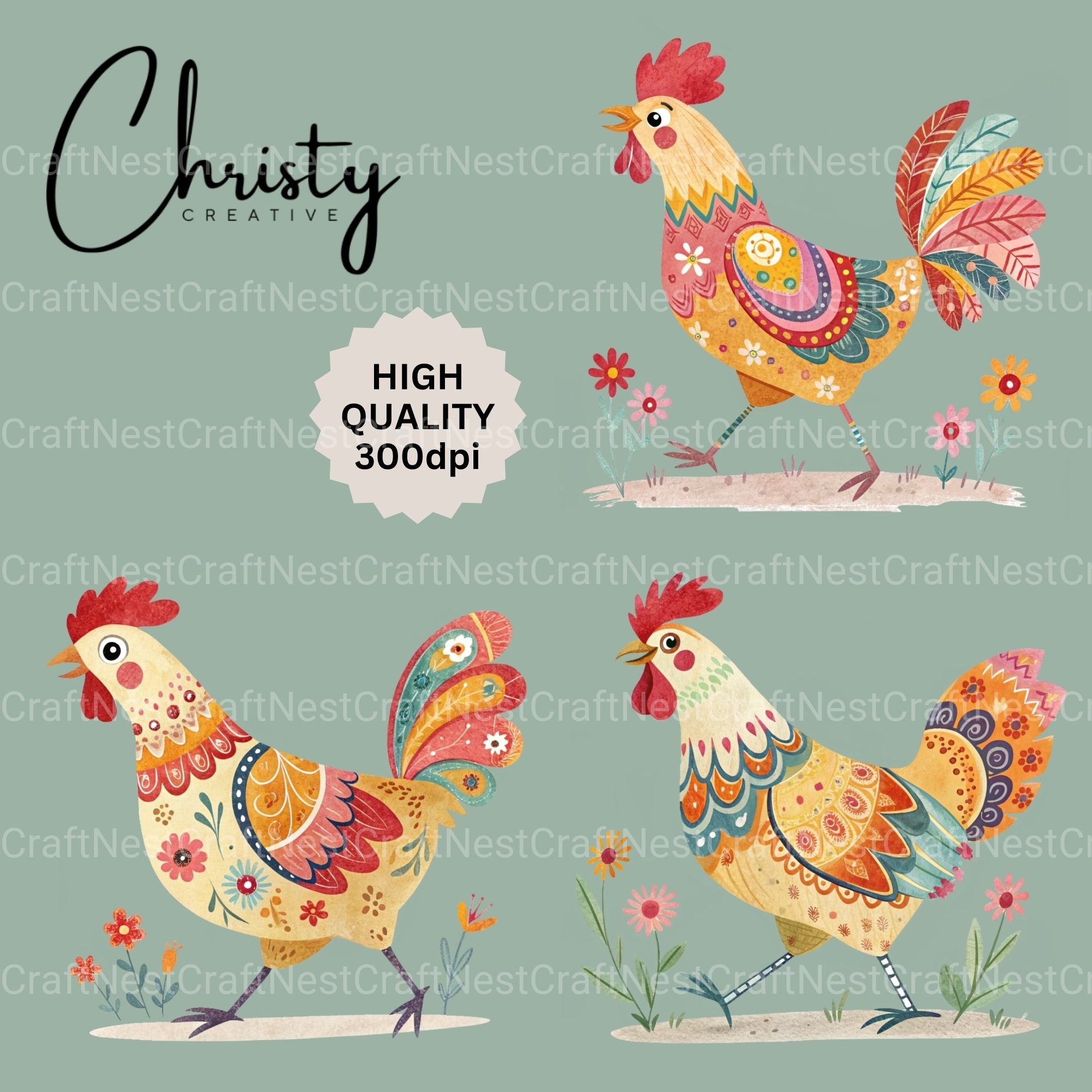 Boho Chickens Clipart Bundle - CraftNest - Digital Crafting and Art