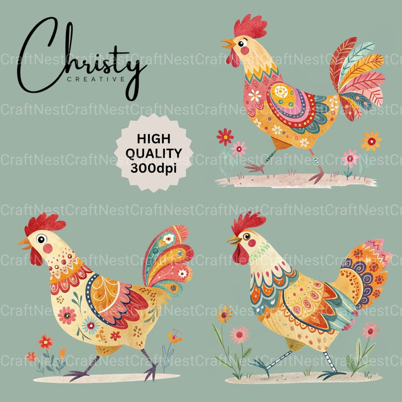 Boho Chickens Clipart Bundle - CraftNest - Digital Crafting and Art