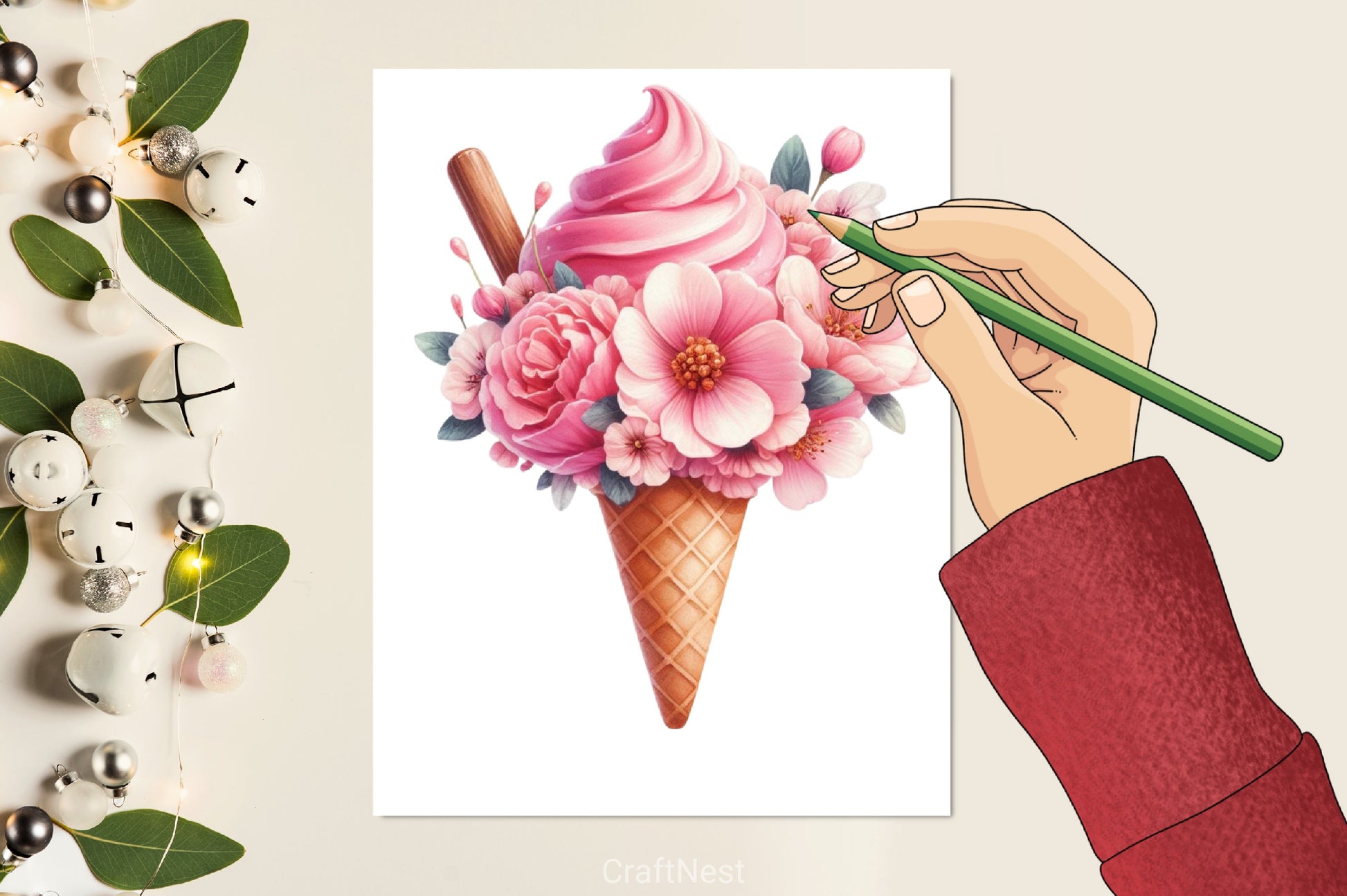 Pink Floral Ice Cream Clipart Bundle - CraftNest - Digital Crafting and Art