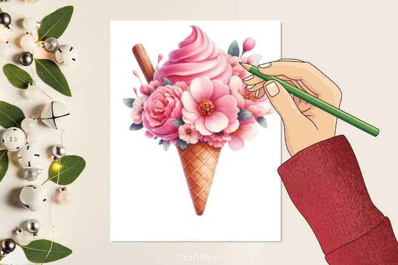 Pink Floral Ice Cream Clipart Bundle - CraftNest - Digital Crafting and Art