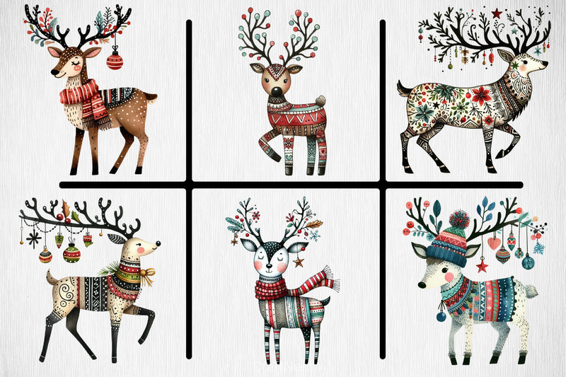 Christmas Reindeer Folk Art Clipart Bundle - CraftNest - Digital Crafting and Art