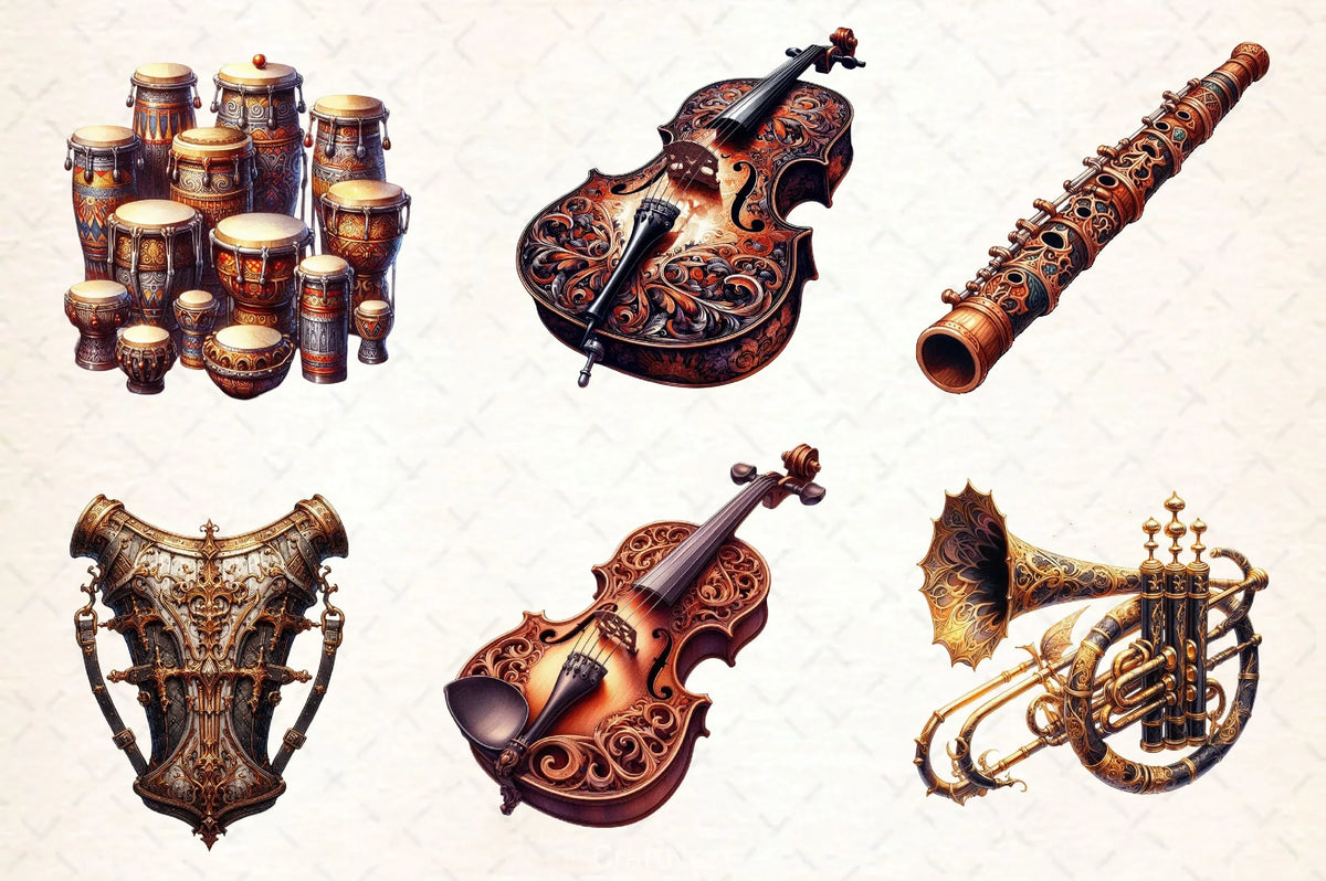 Gothic String Instruments Antique Gothic Instruments Clipart Bundle