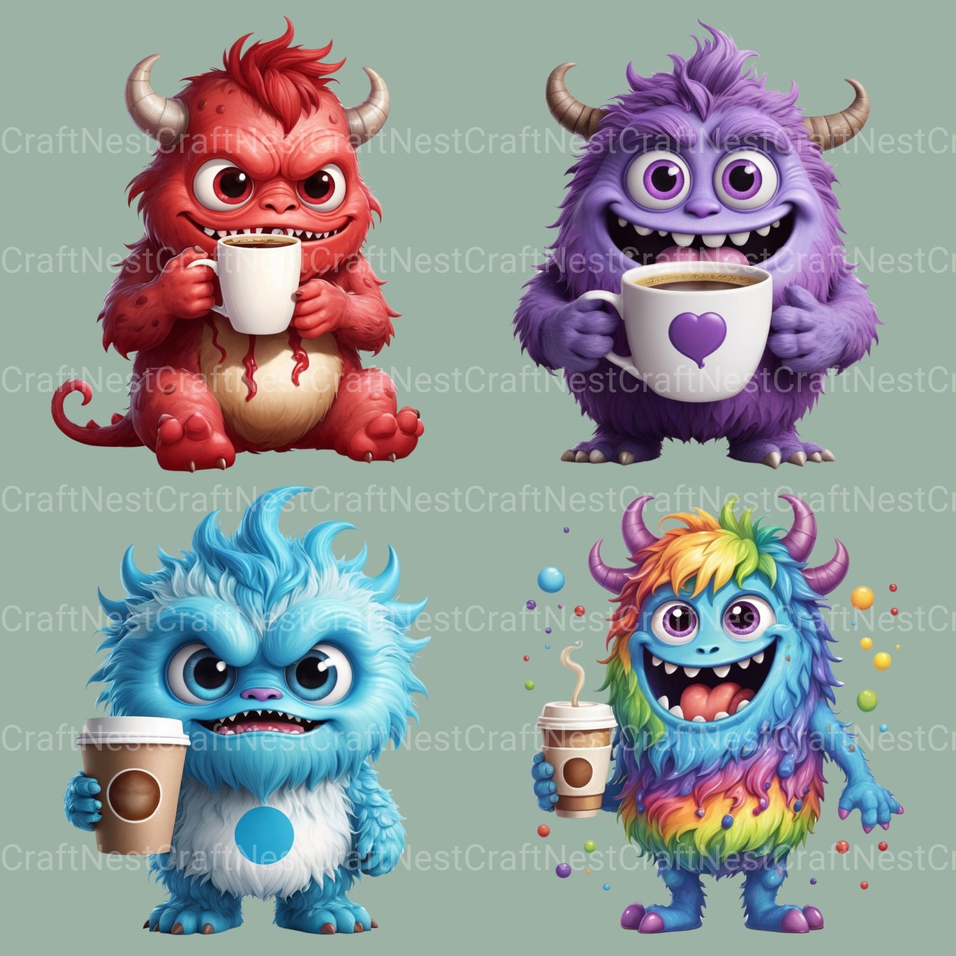 Cute Monsters Drinking Coffee Clipart Bundle - CraftNest - Digital Crafting and Art