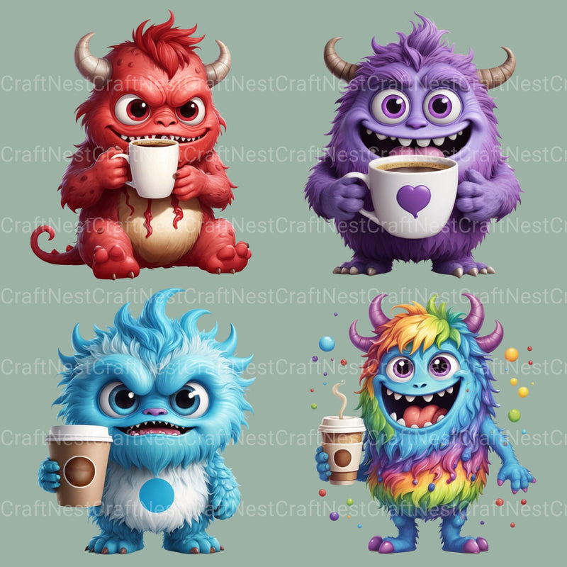 Cute Monsters Drinking Coffee Clipart Bundle - CraftNest - Digital Crafting and Art