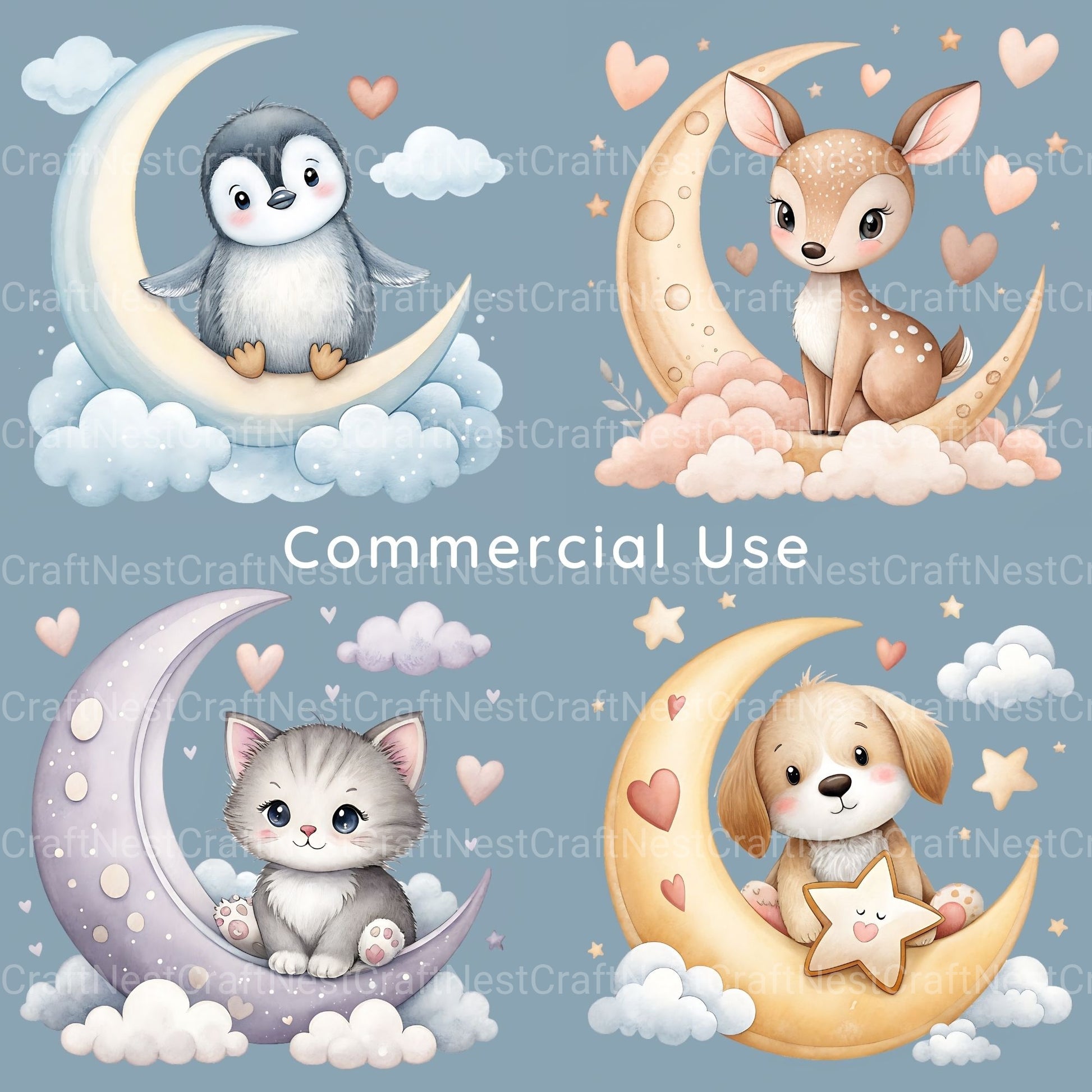 Nursery Animals Crescent Moon Clipart Bundle - CraftNest - Digital Crafting and Art