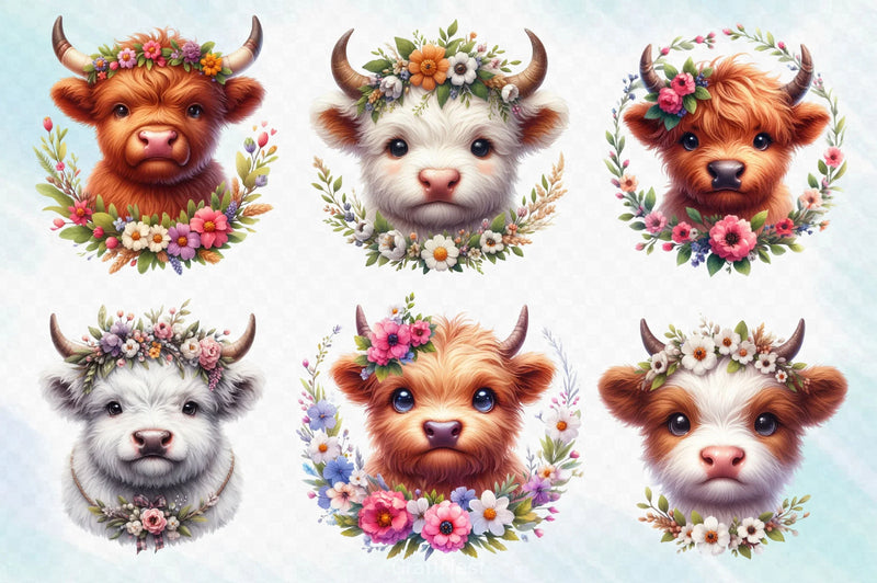 Highland Cow Flower Clipart Bundle - CraftNest - Digital Crafting and Art