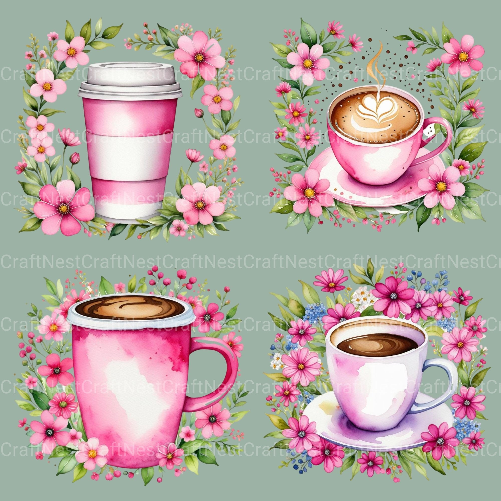 Coffee Floral Pink Clipart Bundle - CraftNest - Digital Crafting and Art