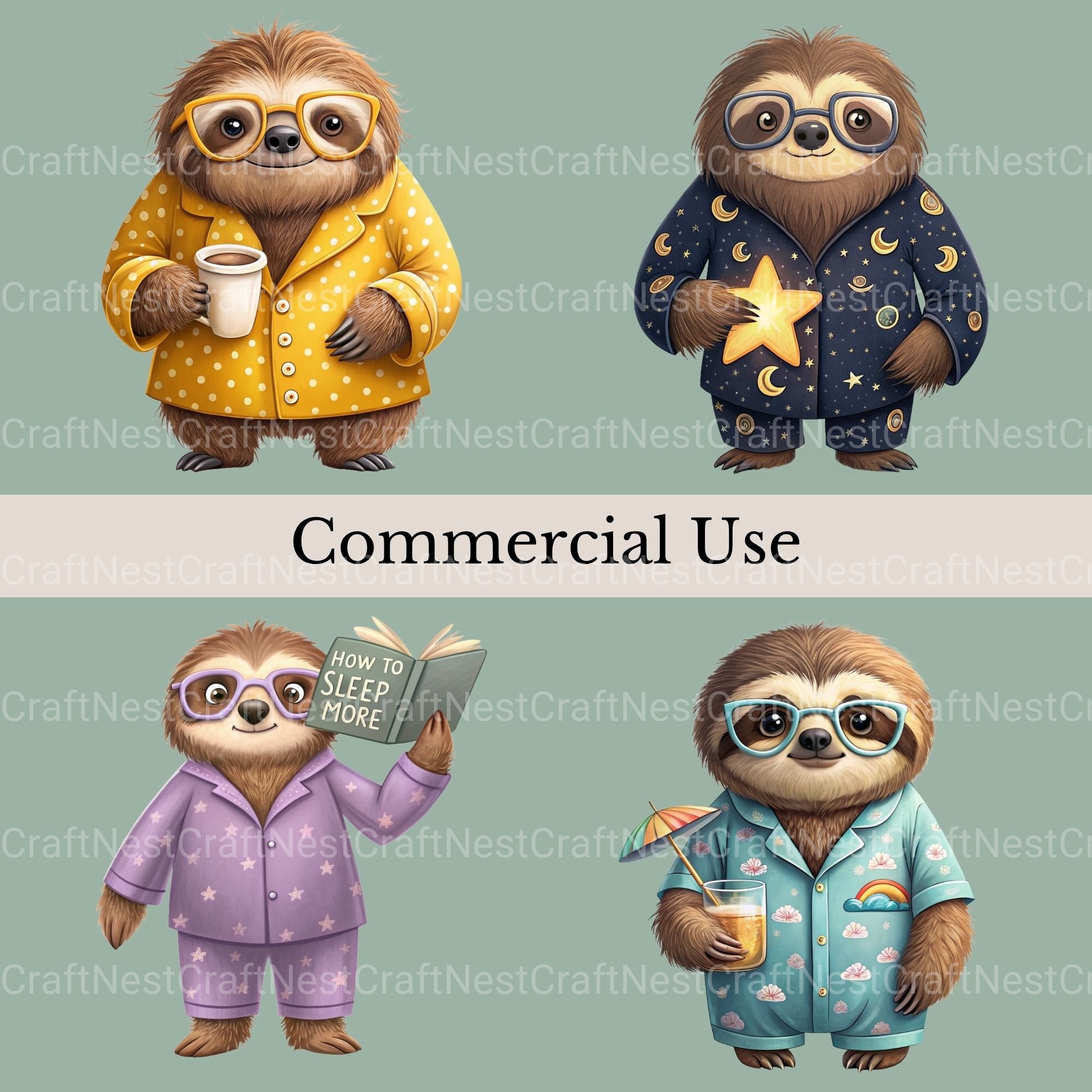 Sloths In Pjs Clipart Bundle - CraftNest - Digital Crafting and Art
