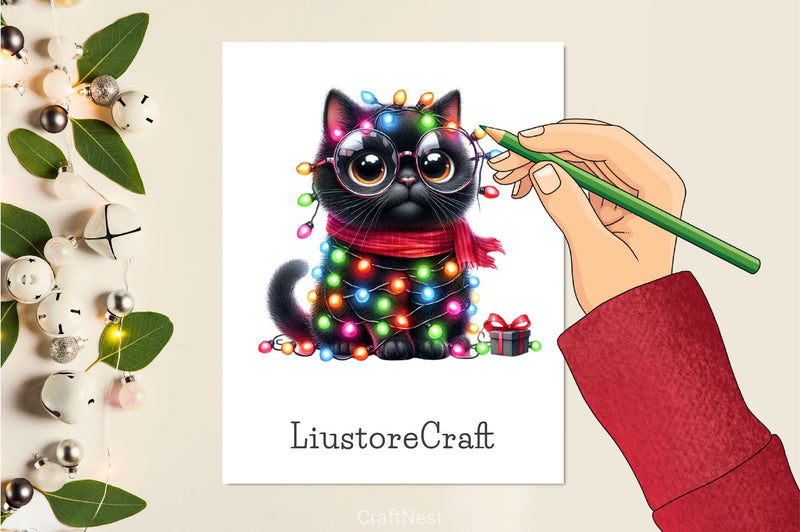 Funny Black Cat With Christmas Lights Clipart Bundle - CraftNest - Digital Crafting and Art