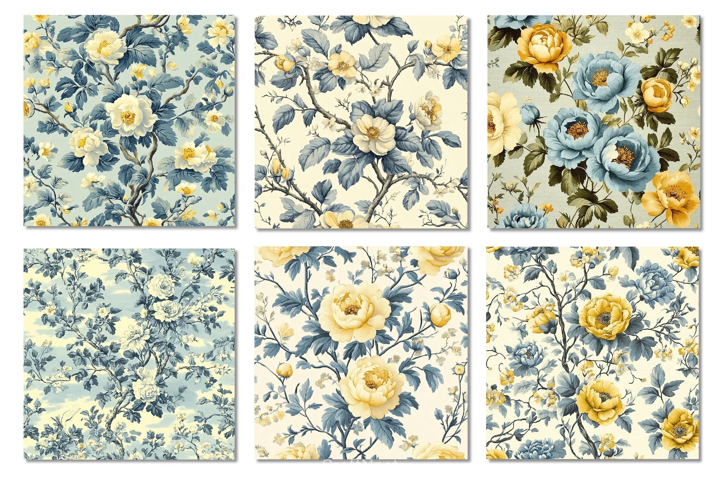 Pale Blue & Yellow Floral Toile Patterns Clipart Bundle - CraftNest - Digital Crafting and Art