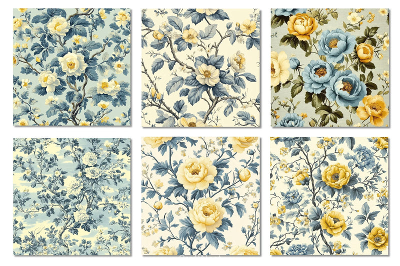 Pale Blue & Yellow Floral Toile Patterns Clipart Bundle - CraftNest - Digital Crafting and Art