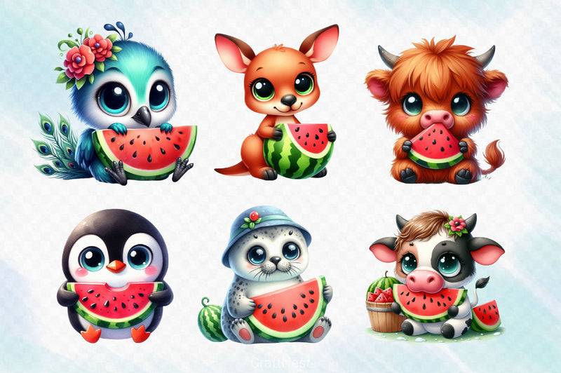 Cute Animals Eating Watermelon Clipart Bundle - CraftNest - Digital Crafting and Art