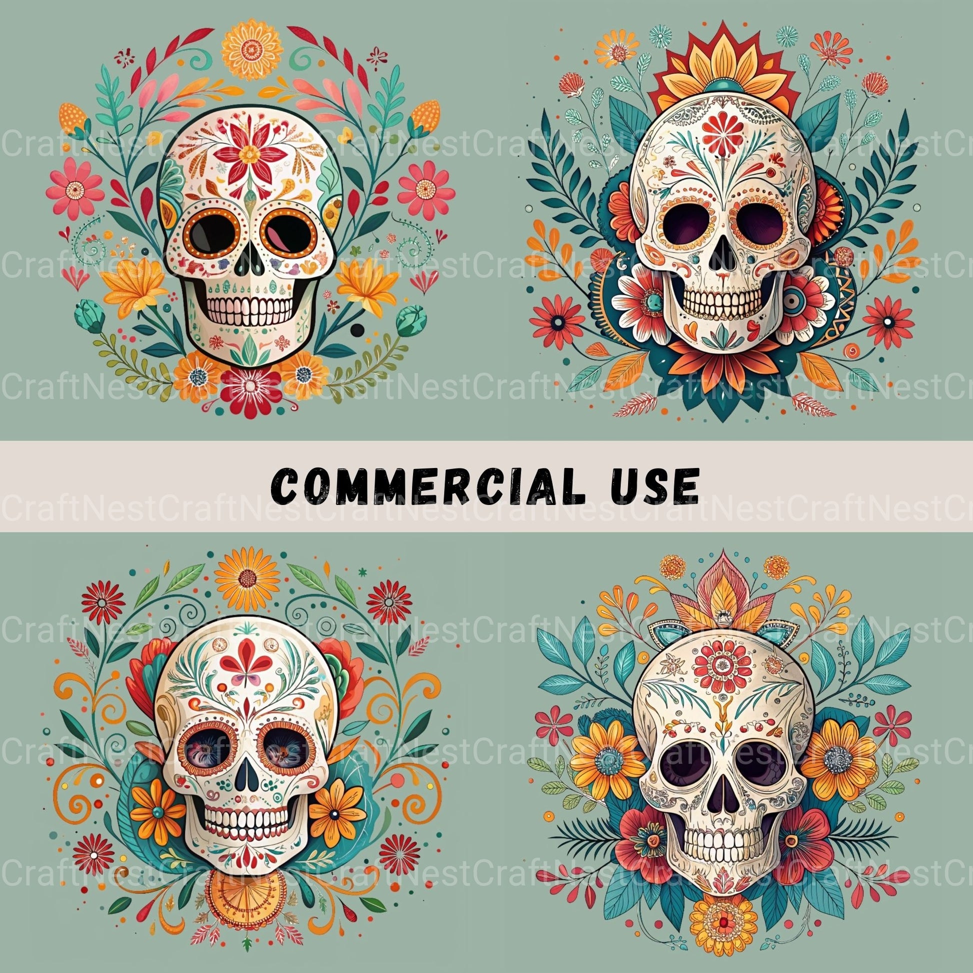 Mexican Floral Skulls Clipart Bundle - CraftNest - Digital Crafting and Art