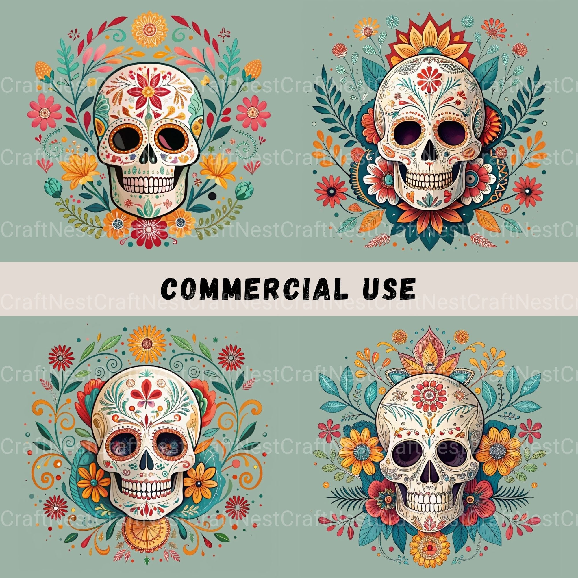 Mexican Floral Skulls Clipart Bundle - CraftNest - Digital Crafting and Art