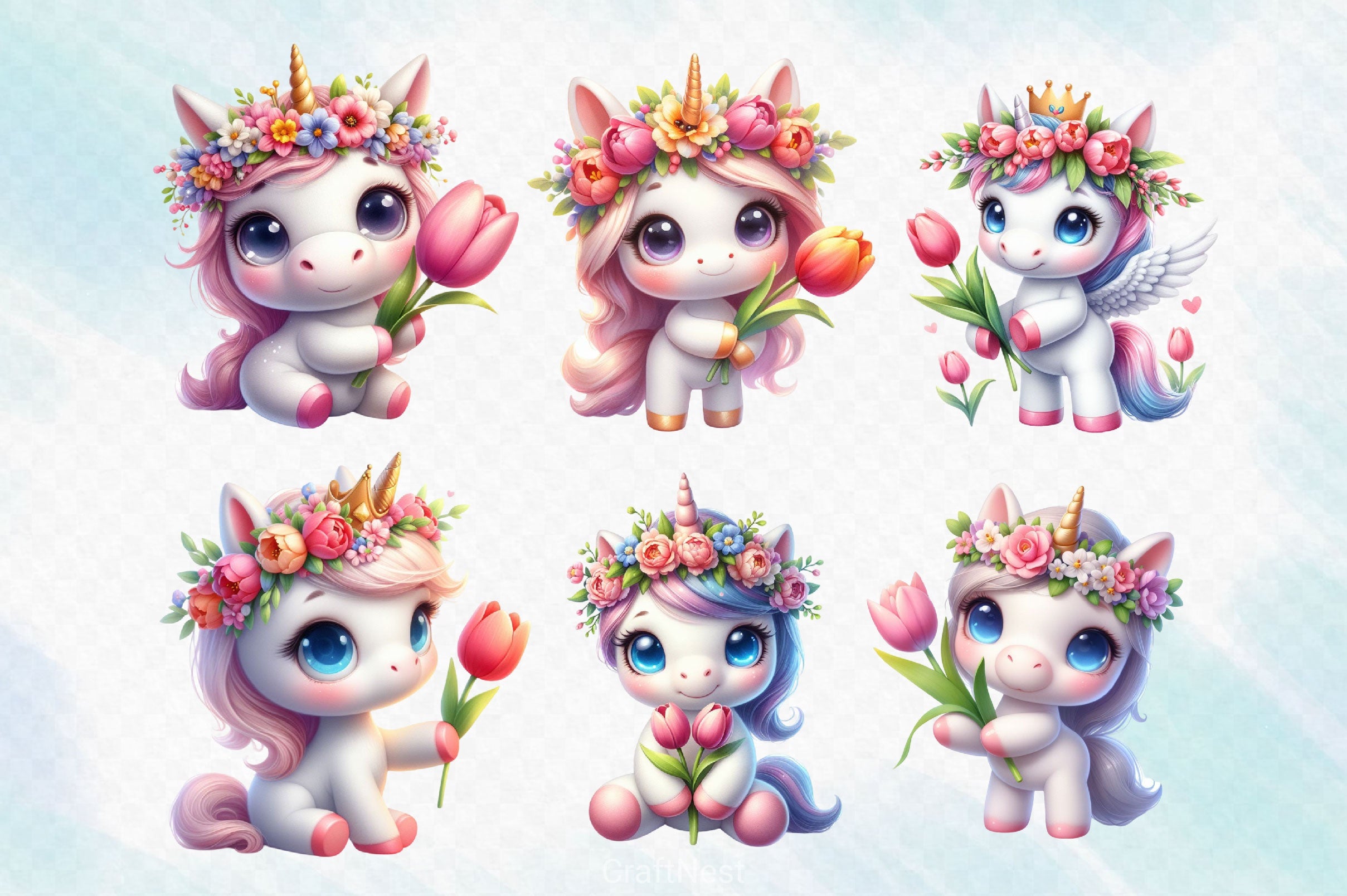 Cute Unicorns With Tulip Flowers Clipart Bundle - CraftNest - Digital Crafting and Art
