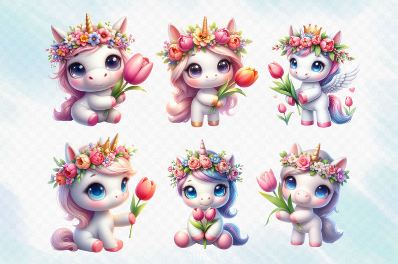 Cute Unicorns With Tulip Flowers Clipart Bundle - CraftNest - Digital Crafting and Art