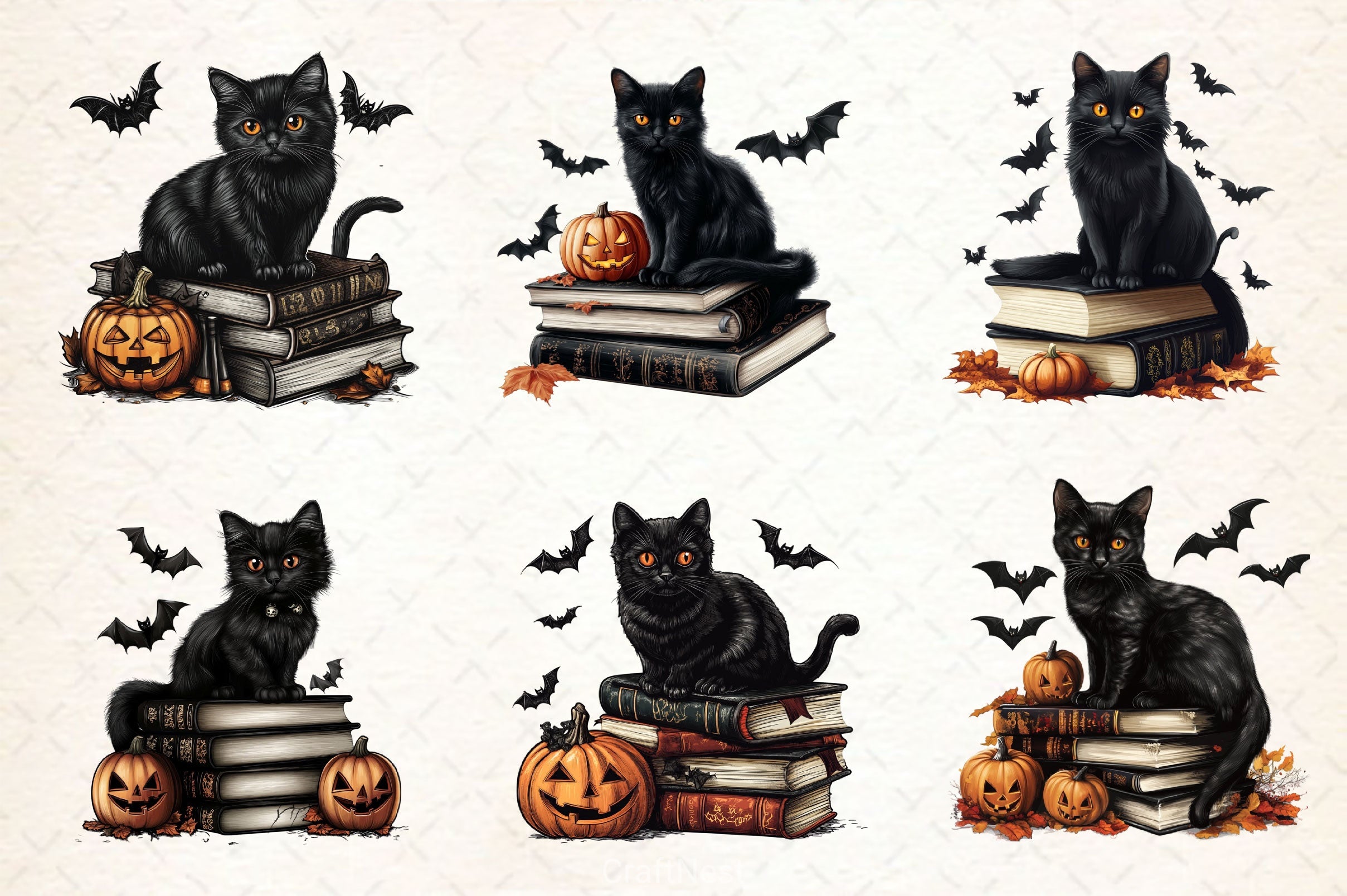 Halloween Black Cat On Books Clipart Bundle 2 - CraftNest - Digital Crafting and Art