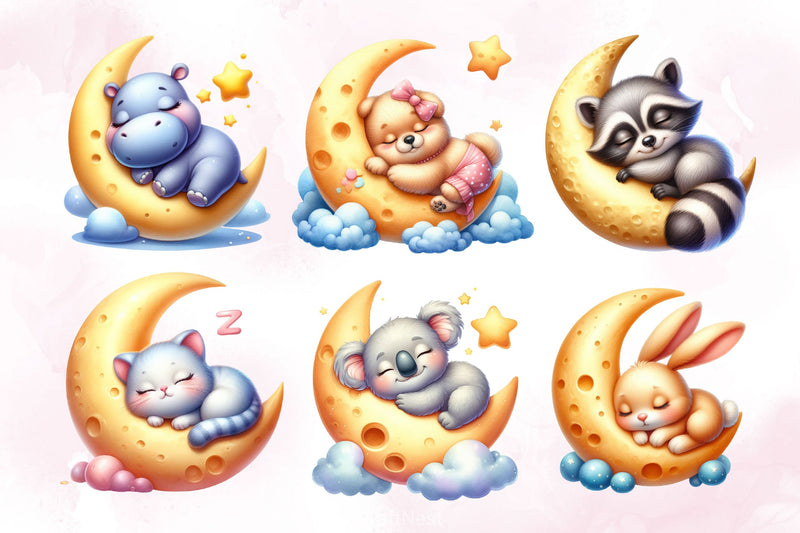 Cute Animals Sleep On Moon Clipart Bundle 2 - CraftNest - Digital Crafting and Art