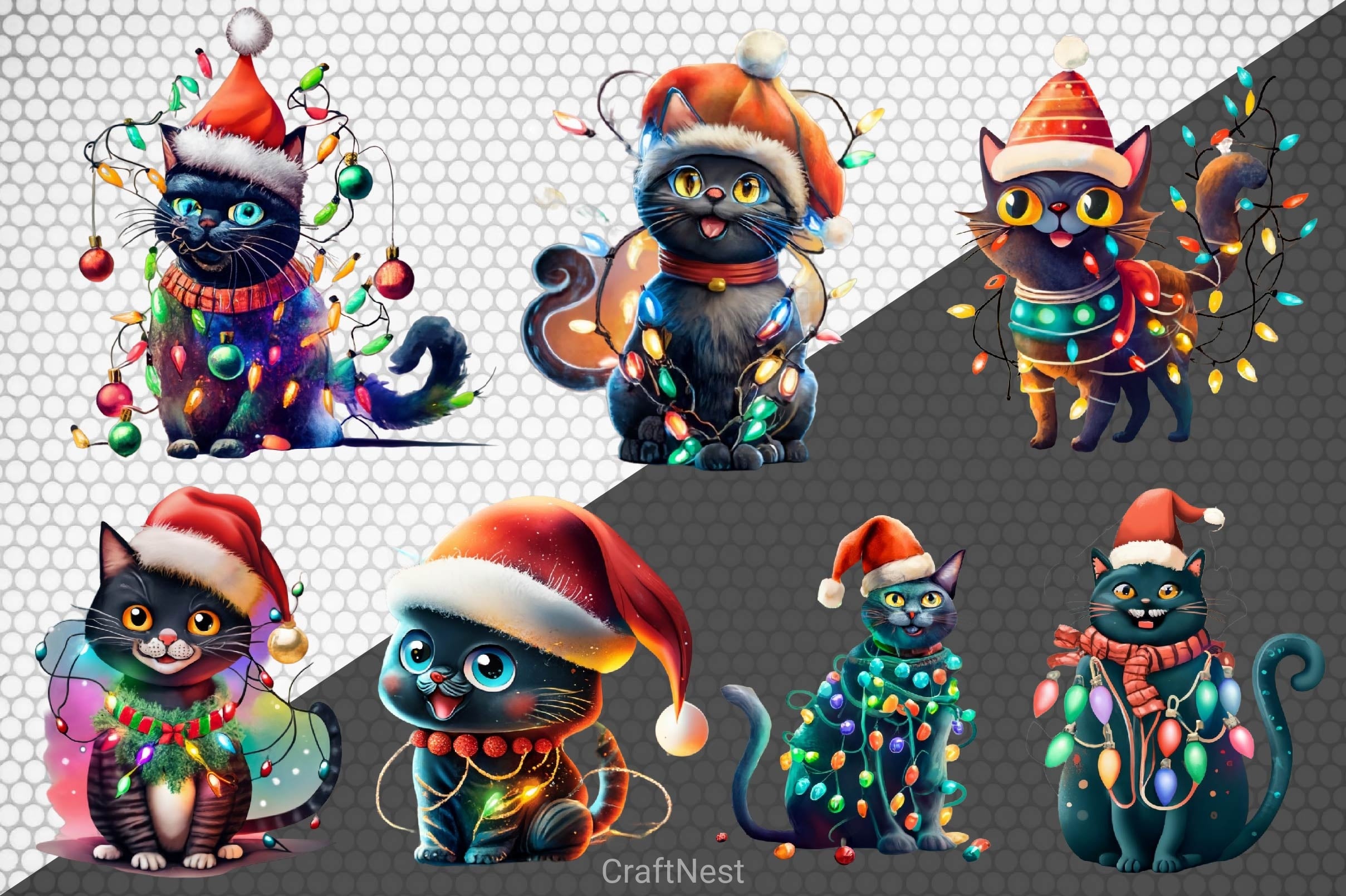 Black Cat Christmas Lights Clipart Bundle - CraftNest - Digital Crafting and Art
