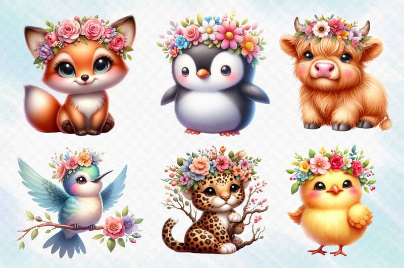 Baby Animals With Flower Crowns Clipart Bundle 2 - CraftNest - Digital Crafting and Art