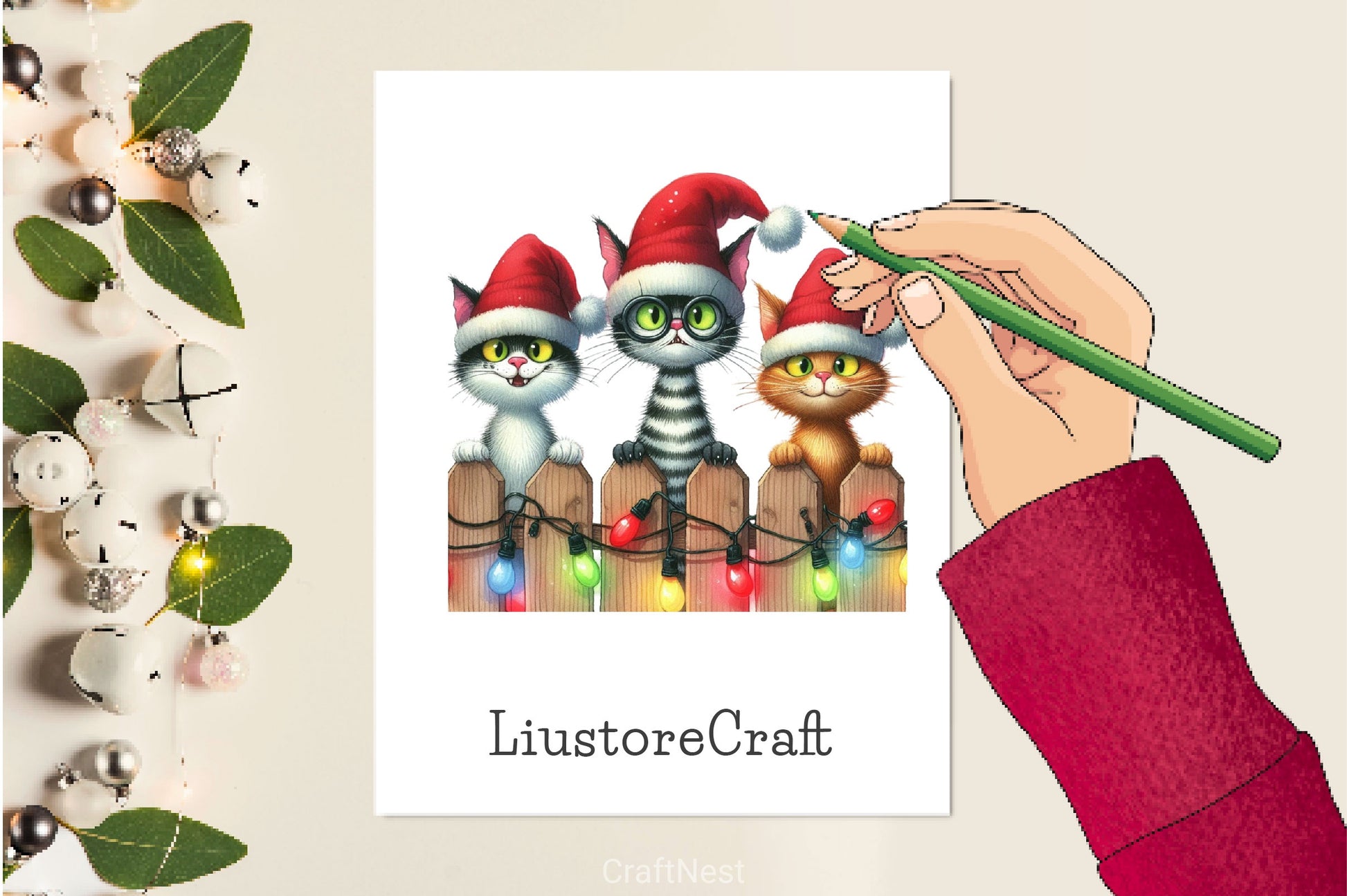 Christmas Cat On Fence Clipart Bundle 2 - CraftNest - Digital Crafting and Art