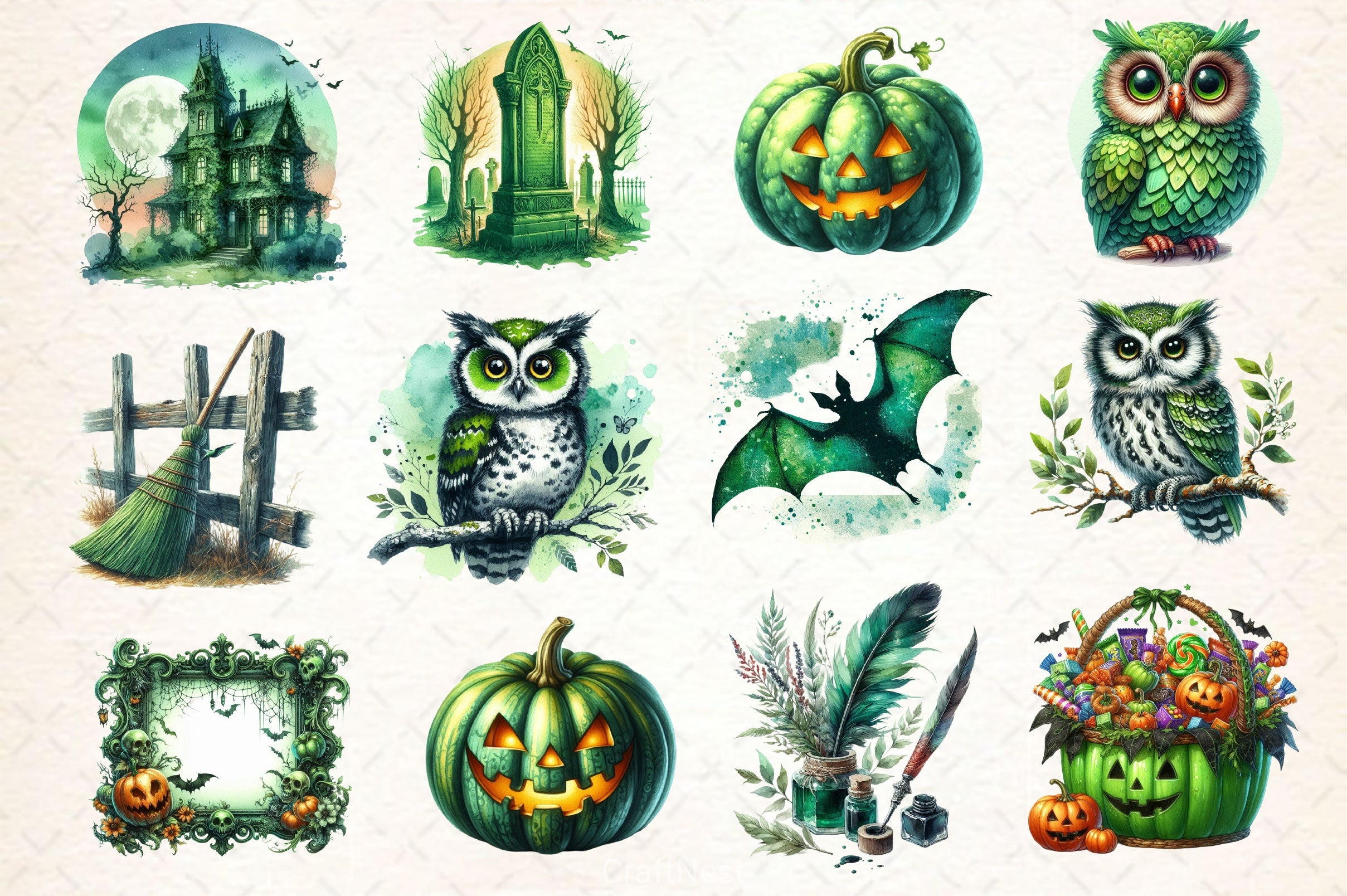 Antique Green Halloween Set Clipart Bundle 2 - CraftNest - Digital Crafting and Art