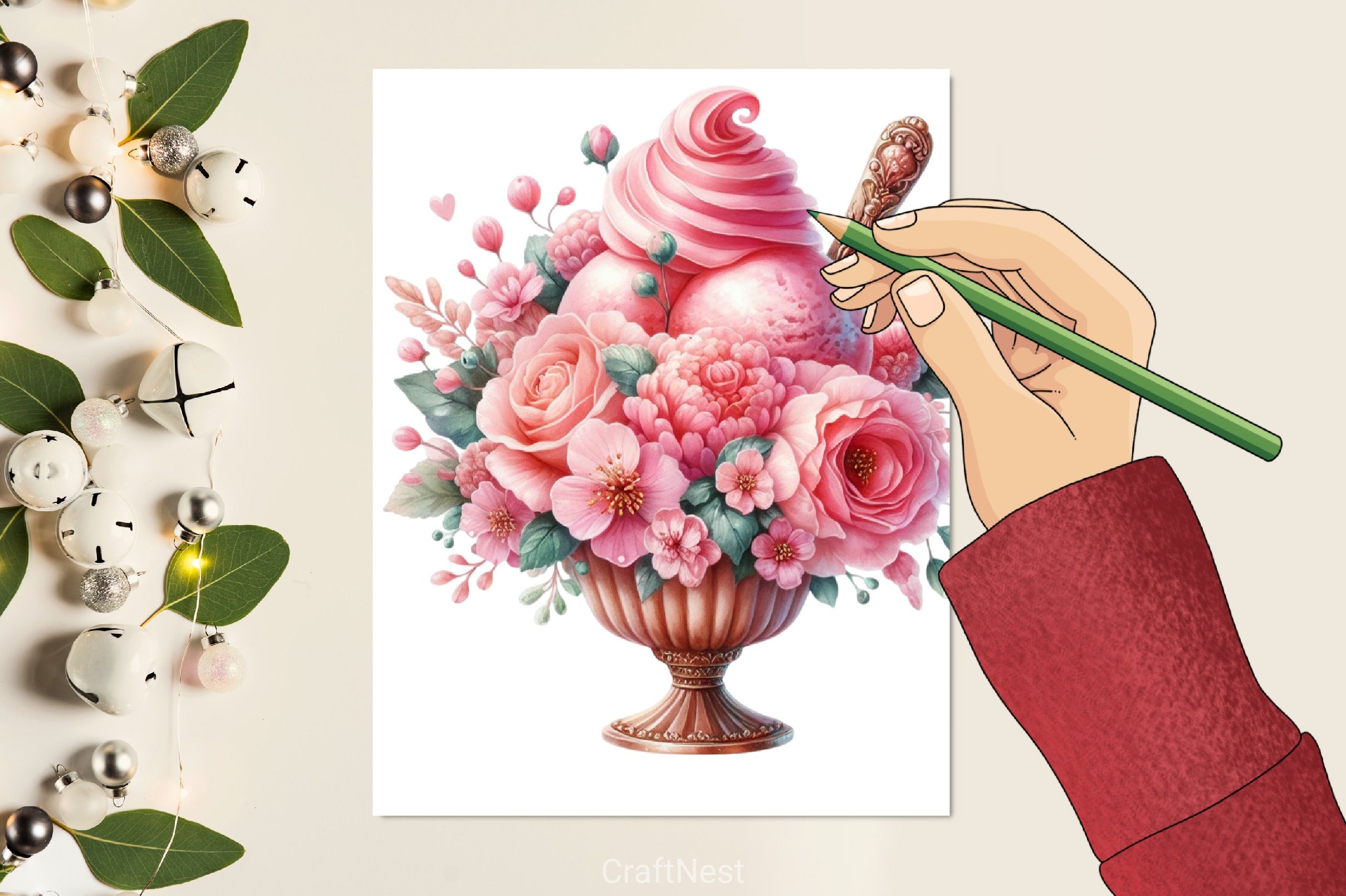 Pink Floral Ice Cream Clipart Bundle 1 - CraftNest - Digital Crafting and Art