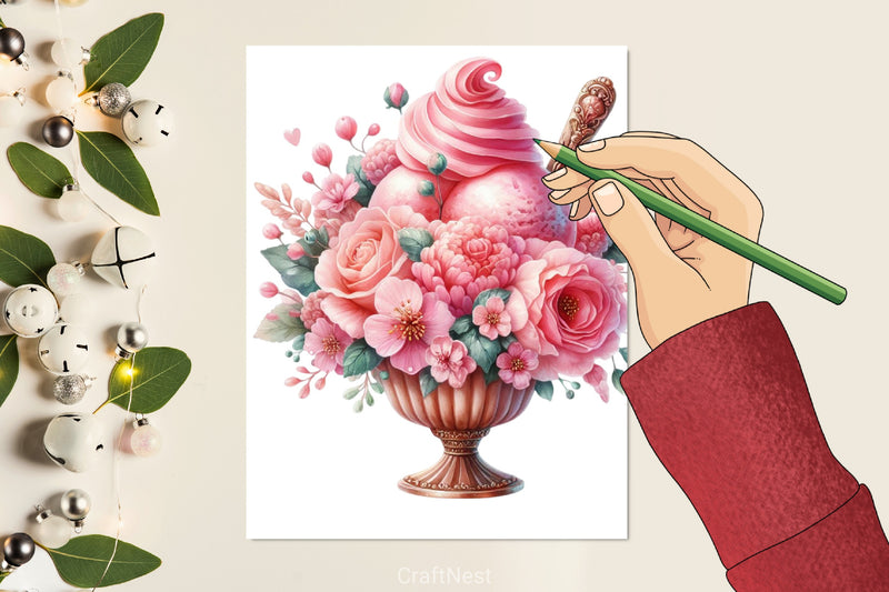 Pink Floral Ice Cream Clipart Bundle 1 - CraftNest - Digital Crafting and Art
